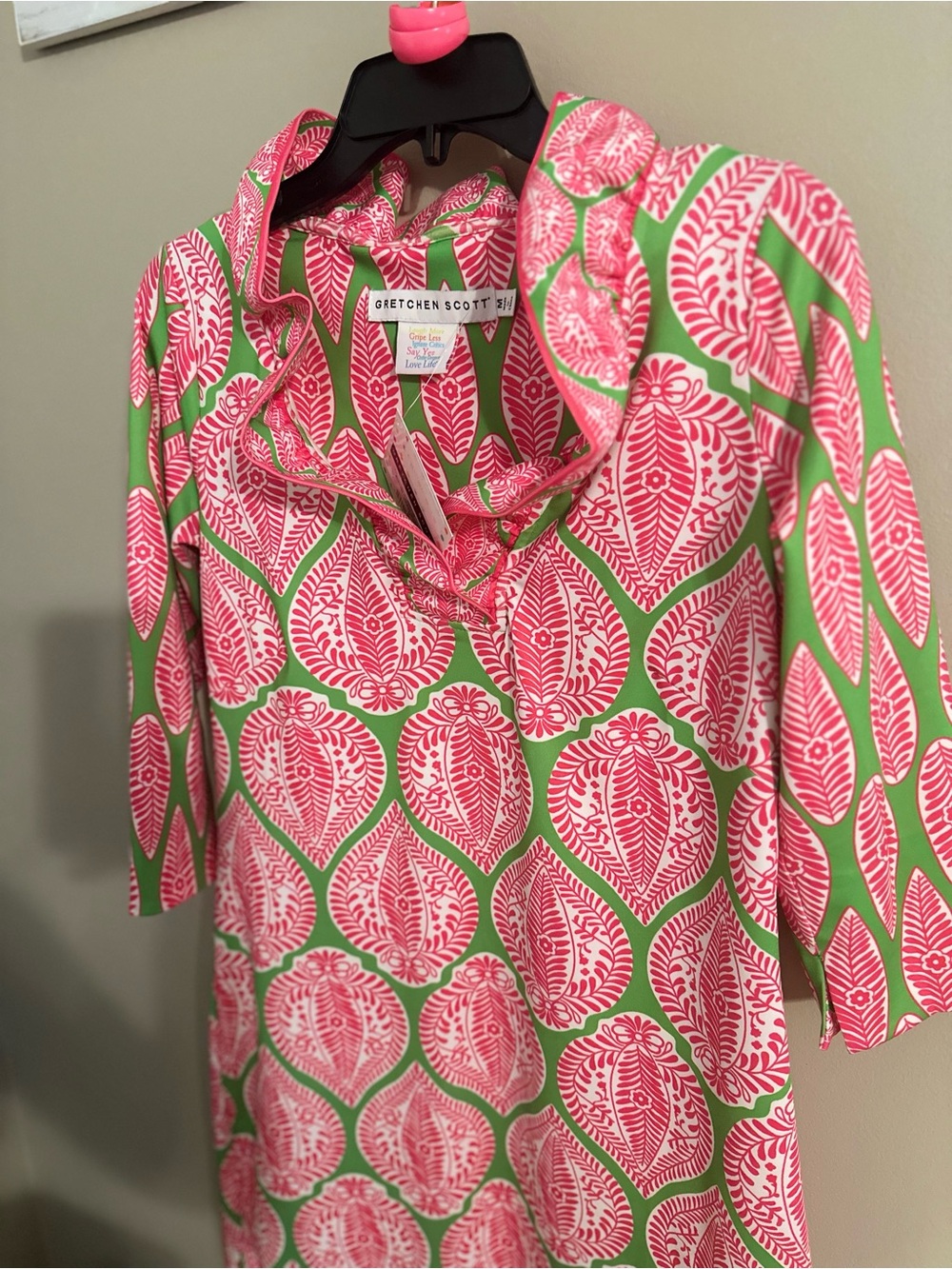 Gretchen Scott Designs Pink & Green Printed Ruffle-Neck Midi Dress - Picture 4 of 4